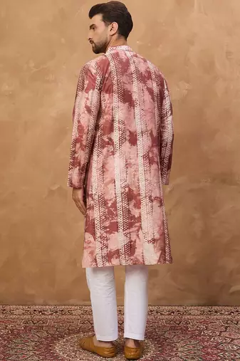 Men brown silk blend shibori embroidered straight kurta with pant set