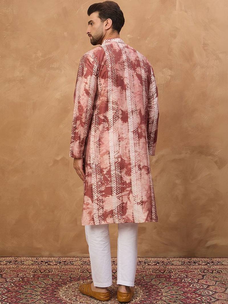 Men brown silk blend shibori embroidered straight kurta with pant set