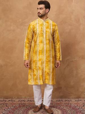 Men yellow silk blend shibori embroidered straight kurta with pant set 1