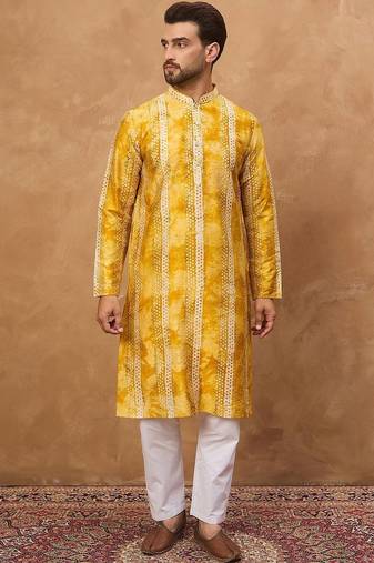 Men yellow silk blend shibori embroidered straight kurta with pant set