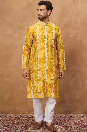 Men yellow silk blend shibori embroidered straight kurta with pant set