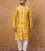Men yellow silk blend shibori embroidered straight kurta with pant set