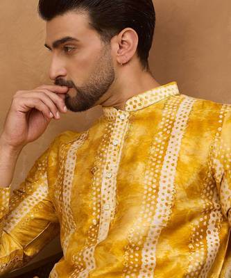 Men yellow silk blend shibori embroidered straight kurta with pant set 2