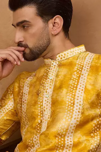 Men yellow silk blend shibori embroidered straight kurta with pant set