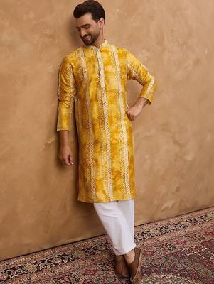 Men yellow silk blend shibori embroidered straight kurta with pant set 3