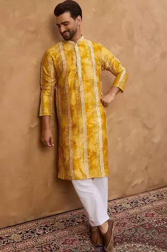 Men yellow silk blend shibori embroidered straight kurta with pant set