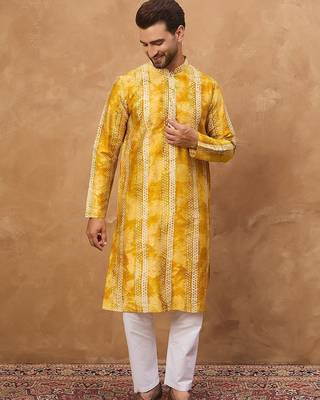Men yellow silk blend shibori embroidered straight kurta with pant set 4