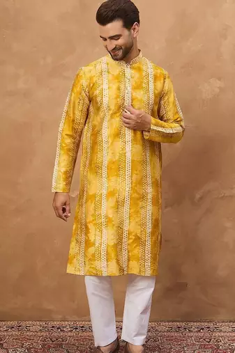 Men yellow silk blend shibori embroidered straight kurta with pant set