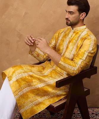 Men yellow silk blend shibori embroidered straight kurta with pant set 5