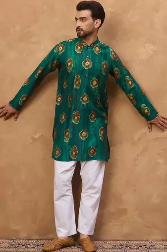 Men teal viscose rayon ethnic motifs printed straight kurta with pant set