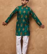 Men teal viscose rayon ethnic motifs printed straight kurta with pant set