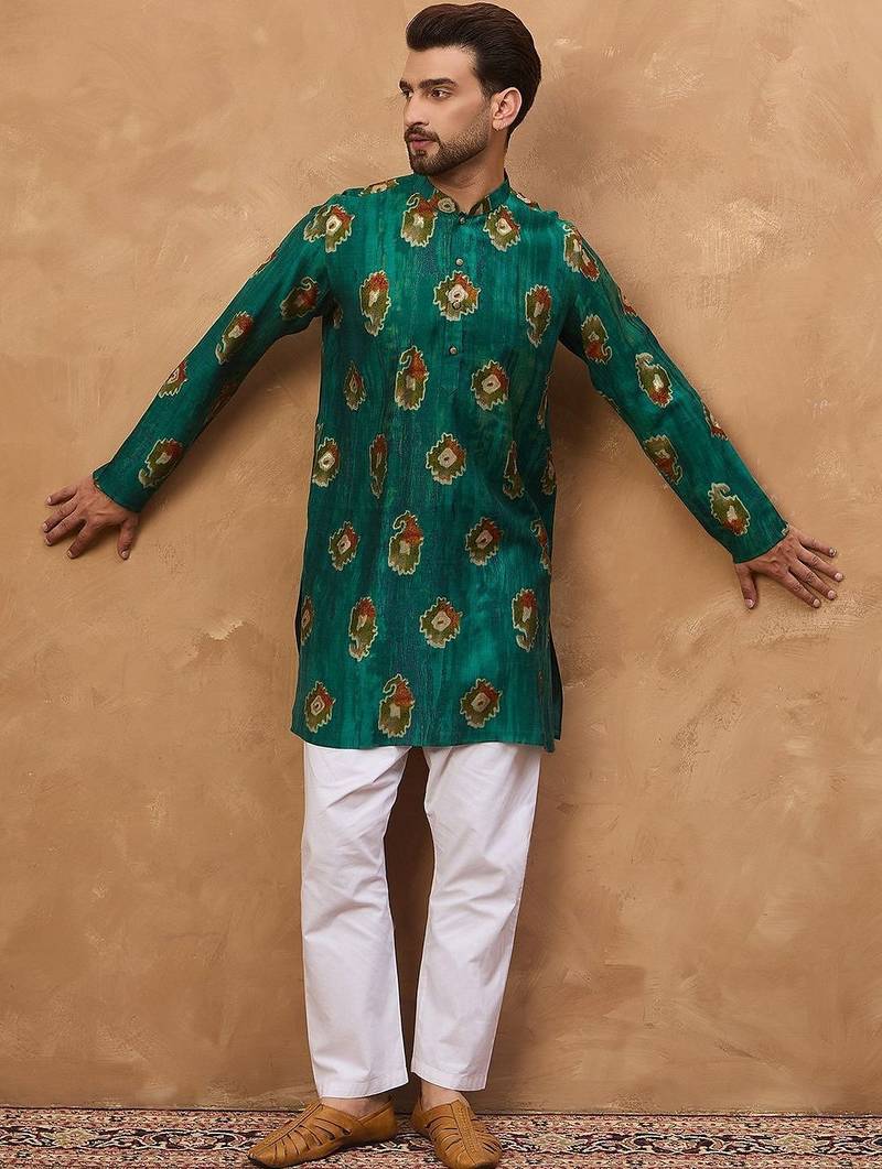 Men teal viscose rayon ethnic motifs printed straight kurta with pant set