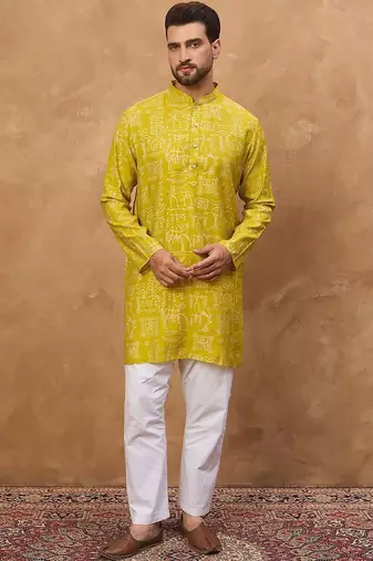 Men yellow viscose rayon ethnic motifs printed straight kurta with pant set