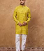 Men yellow viscose rayon ethnic motifs printed straight kurta with pant set