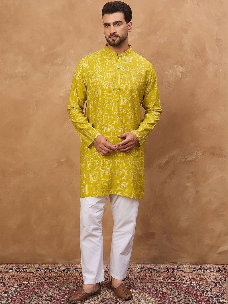 Men yellow viscose rayon ethnic motifs printed straight kurta with pant set