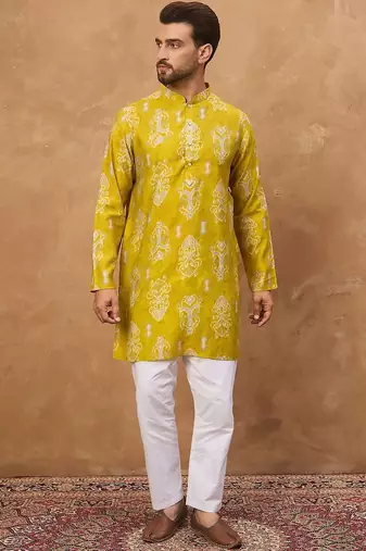 Men yellow viscose rayon ikat printed straight kurta with pant set