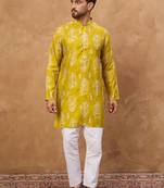 Men yellow viscose rayon ikat printed straight kurta with pant set
