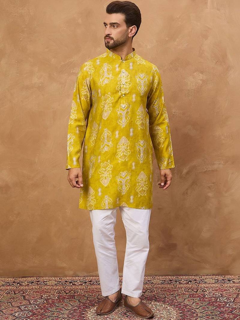 Men yellow viscose rayon ikat printed straight kurta with pant set