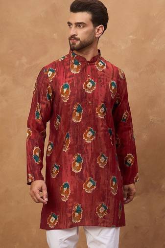 Men red viscose rayon ethnic motifs printed straight kurta with pant set
