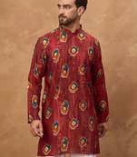 Men red viscose rayon ethnic motifs printed straight kurta with pant set