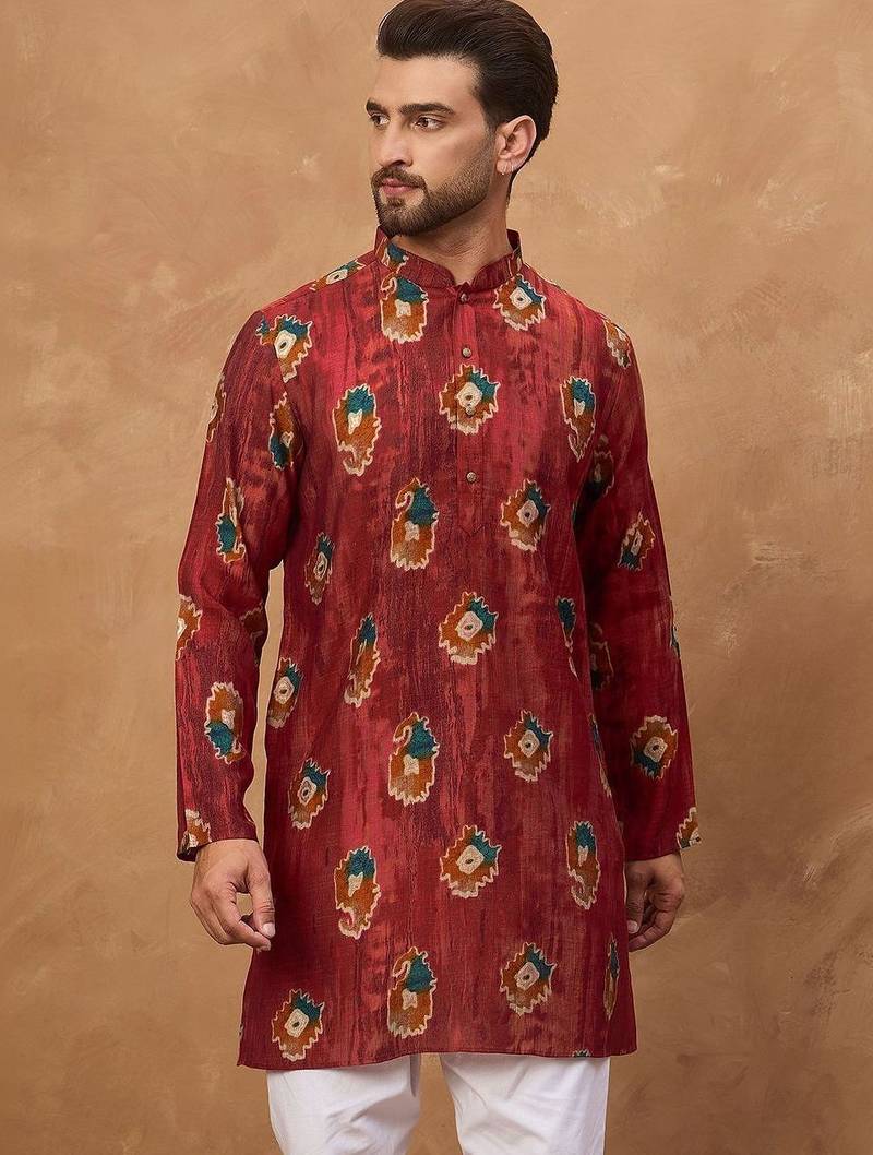 Men red viscose rayon ethnic motifs printed straight kurta with pant set