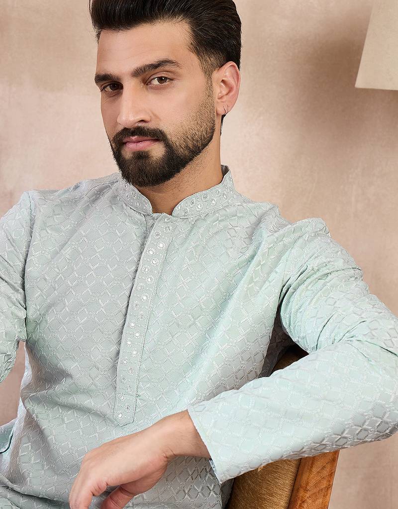 Men blue silk blend geometric embroidered straight kurta with trouser