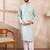 Men blue silk blend geometric embroidered straight kurta with trouser