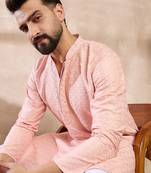 Men pink silk blend geometric embroidered straight kurta with trouser