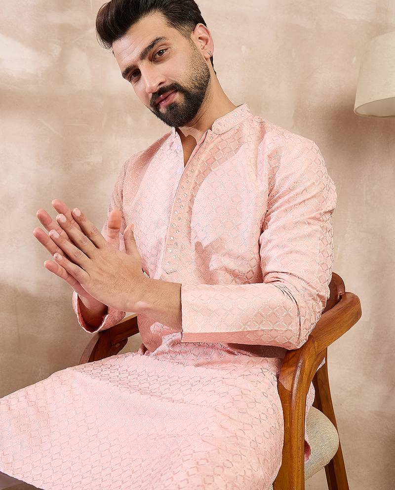 Men pink silk blend geometric embroidered straight kurta with trouser