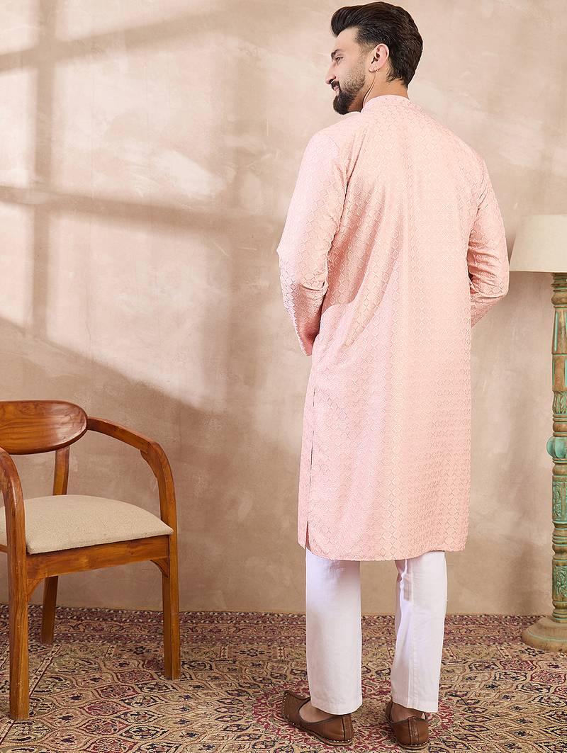 Men pink silk blend geometric embroidered straight kurta with trouser