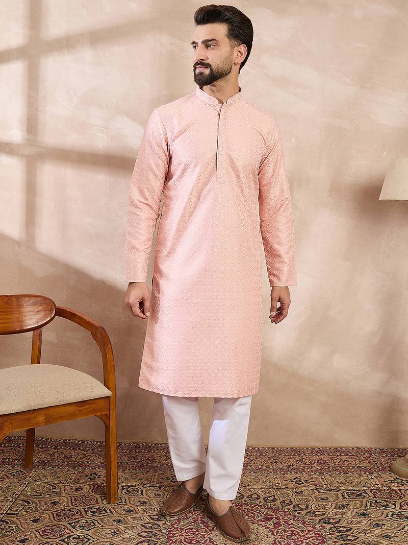 Men pink silk blend geometric embroidered straight kurta with trouser