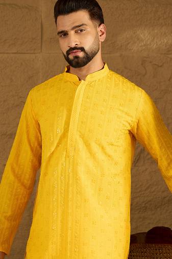 Men yellow viscose rayon solid embroidered straight kurta with trouser
