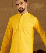 Men yellow viscose rayon solid embroidered straight kurta with trouser