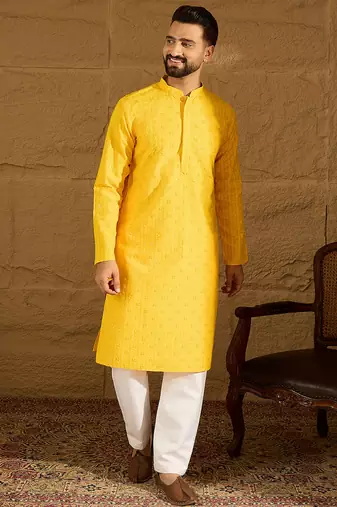 Men yellow viscose rayon solid embroidered straight kurta with trouser