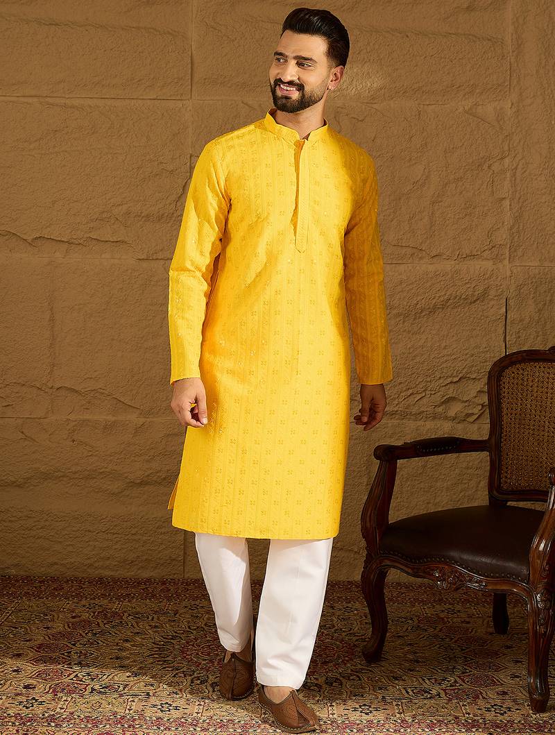 Men yellow viscose rayon solid embroidered straight kurta with trouser