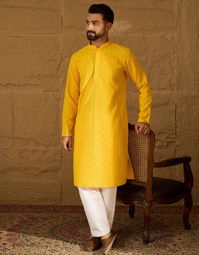 Men yellow viscose rayon solid embroidered straight kurta with trouser