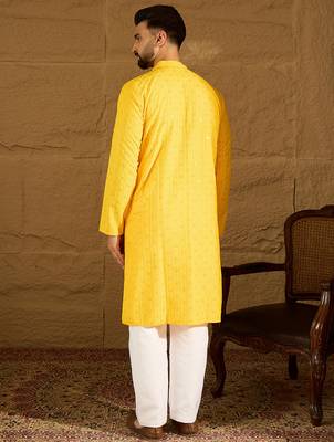 Men yellow viscose rayon solid embroidered straight kurta with trouser 4