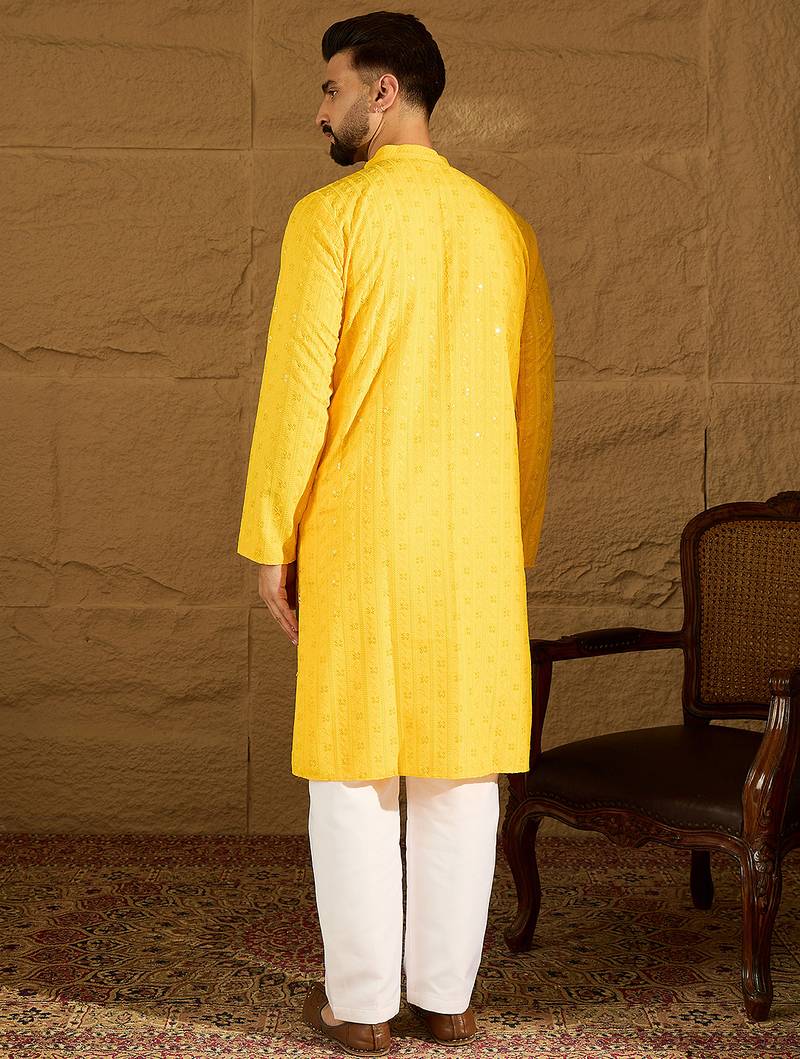 Men yellow viscose rayon solid embroidered straight kurta with trouser