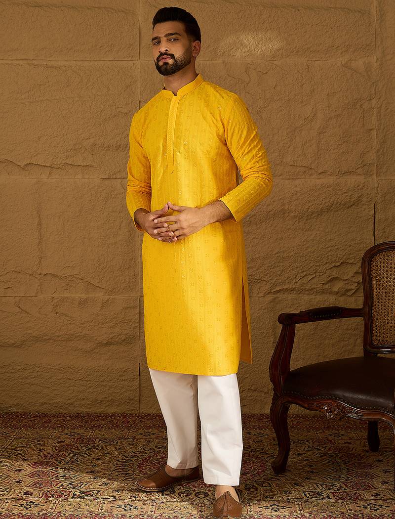 Men yellow viscose rayon solid embroidered straight kurta with trouser