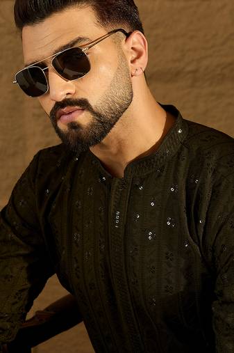 Men olive viscose rayon solid embroidered straight kurta with trouser