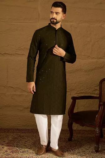 Men olive viscose rayon solid embroidered straight kurta with trouser
