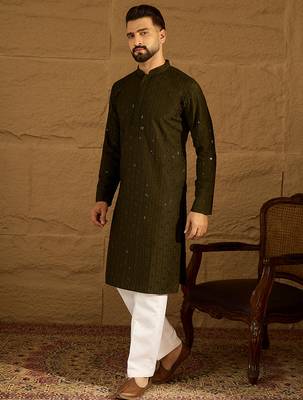 Men olive viscose rayon solid embroidered straight kurta with trouser 3