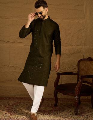 Men olive viscose rayon solid embroidered straight kurta with trouser 5