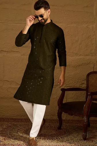 Men olive viscose rayon solid embroidered straight kurta with trouser