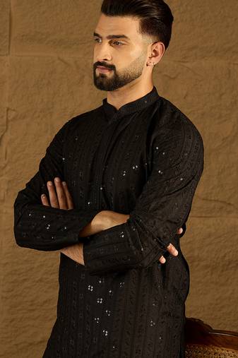 Men black viscose rayon solid embroidered straight kurta with trouser
