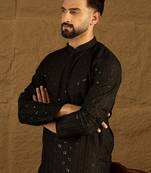 Men black viscose rayon solid embroidered straight kurta with trouser