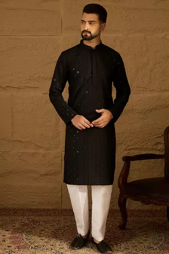 Men black viscose rayon solid embroidered straight kurta with trouser