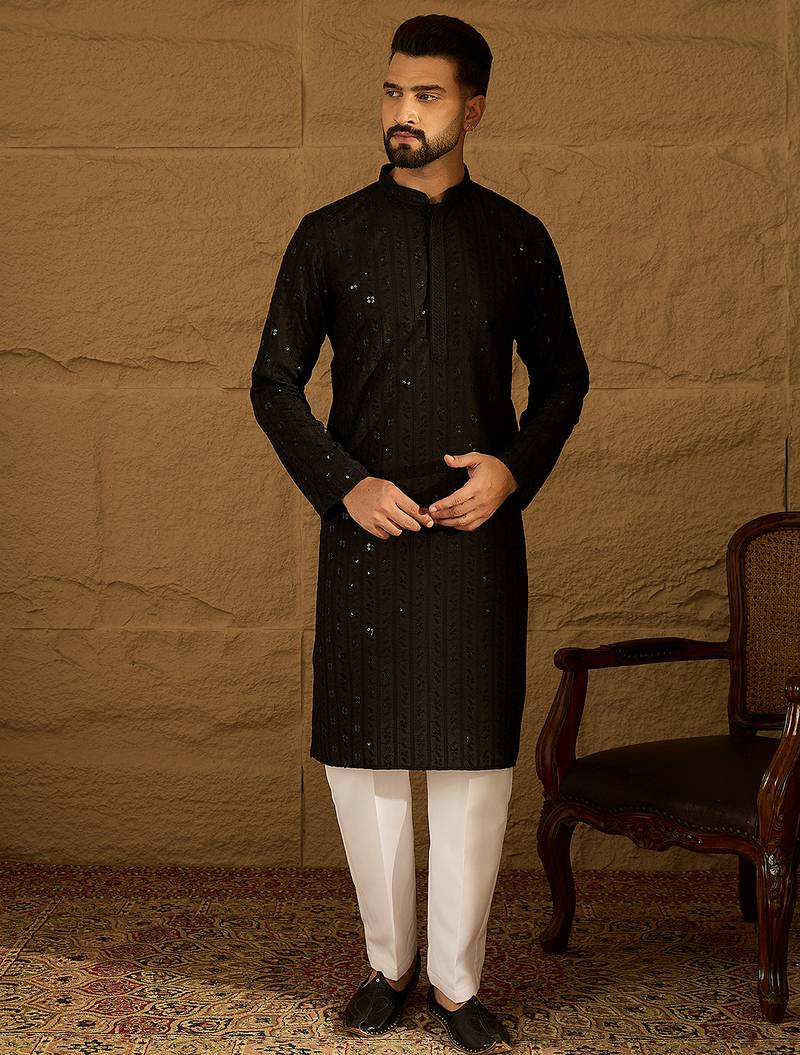 Men black viscose rayon solid embroidered straight kurta with trouser