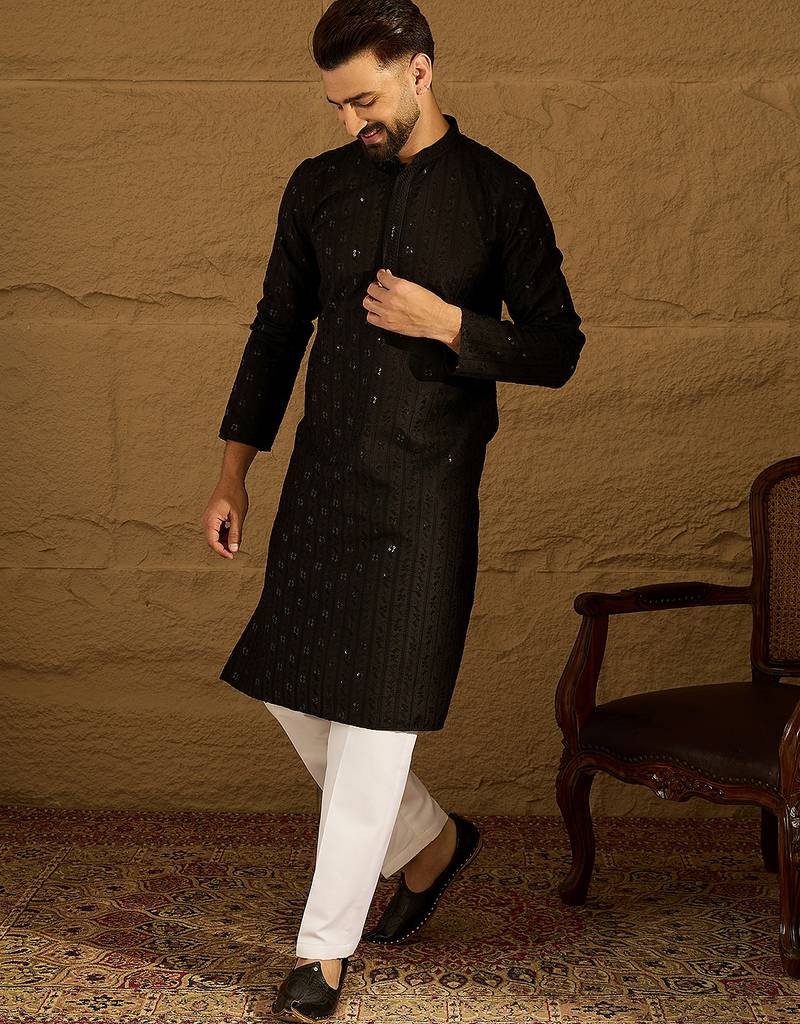Men black viscose rayon solid embroidered straight kurta with trouser