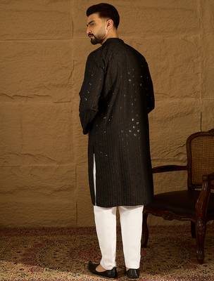 Men black viscose rayon solid embroidered straight kurta with trouser 4
